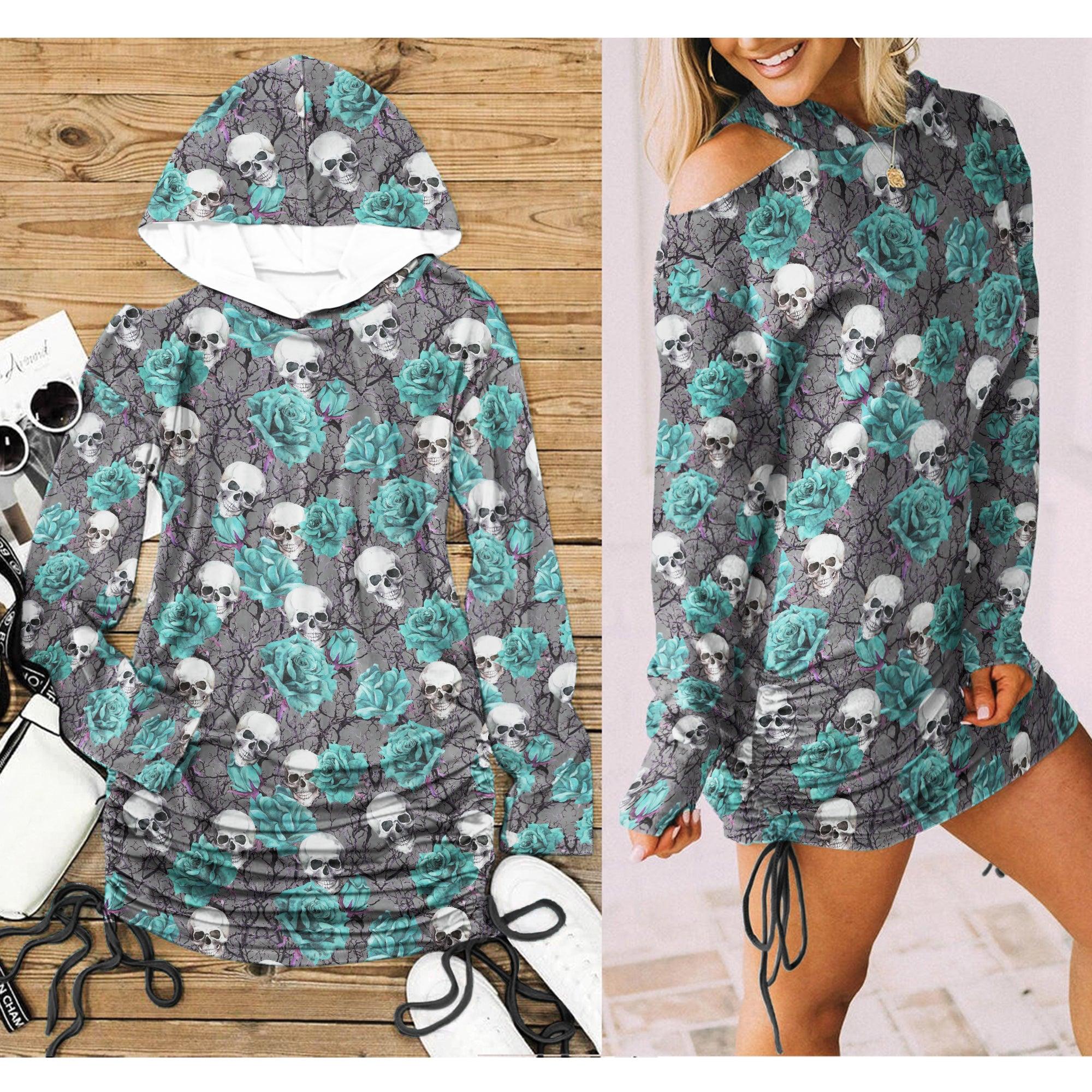 Saphire Gothic Skull Roses One Shoulder Dress - Wonder Skull