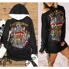 It's The Most Time All Over Print Women One Shoulder Dress With Waist Shirring, Halloween Long Hoodie For Women - Wonder Skull