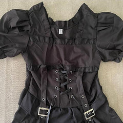 Punk Gothic Front Tie Dress, Impressive Puff Sleeve Clothes For Women - Wonder Skull