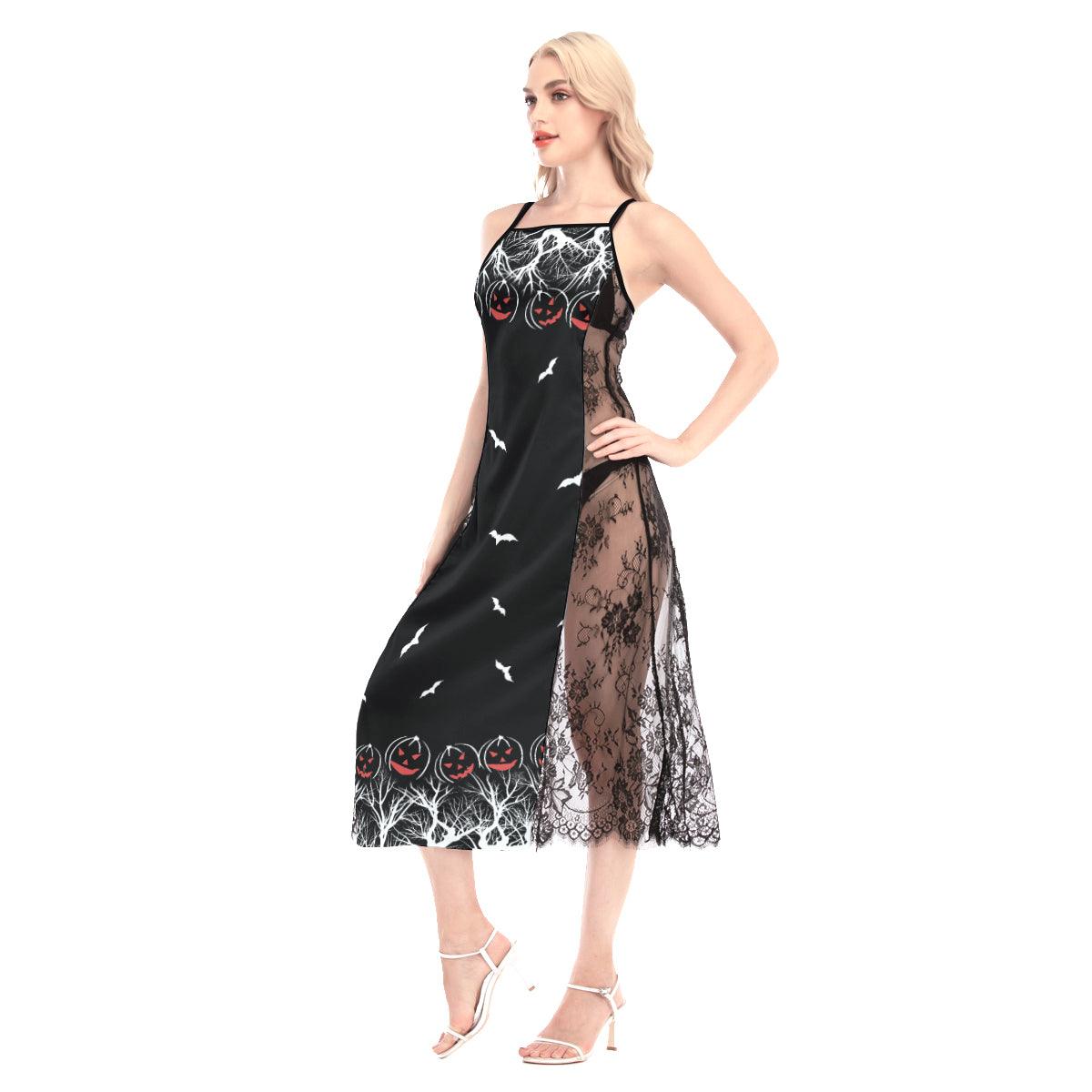 Halloween Red Black Pumpkin Tree Women Lace Cami Cross Back Dress - Wonder Skull