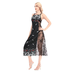 Halloween Red Black Pumpkin Tree Women Lace Cami Cross Back Dress - Wonder Skull