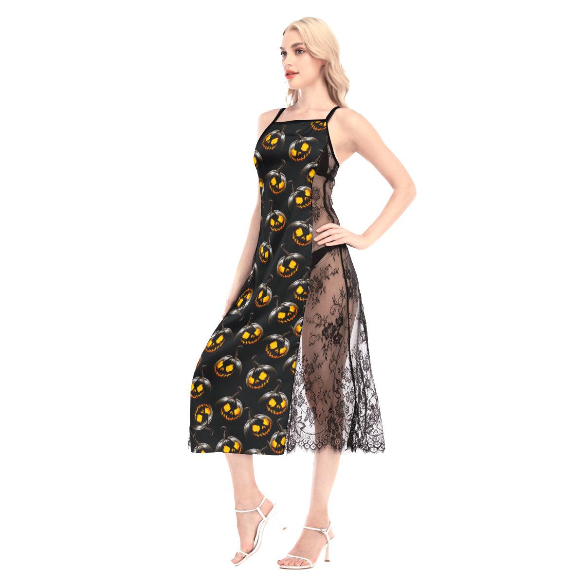 Black Skull Pumpkin All-Over Print Women Lace Cami Cross Back Dress - Wonder Skull