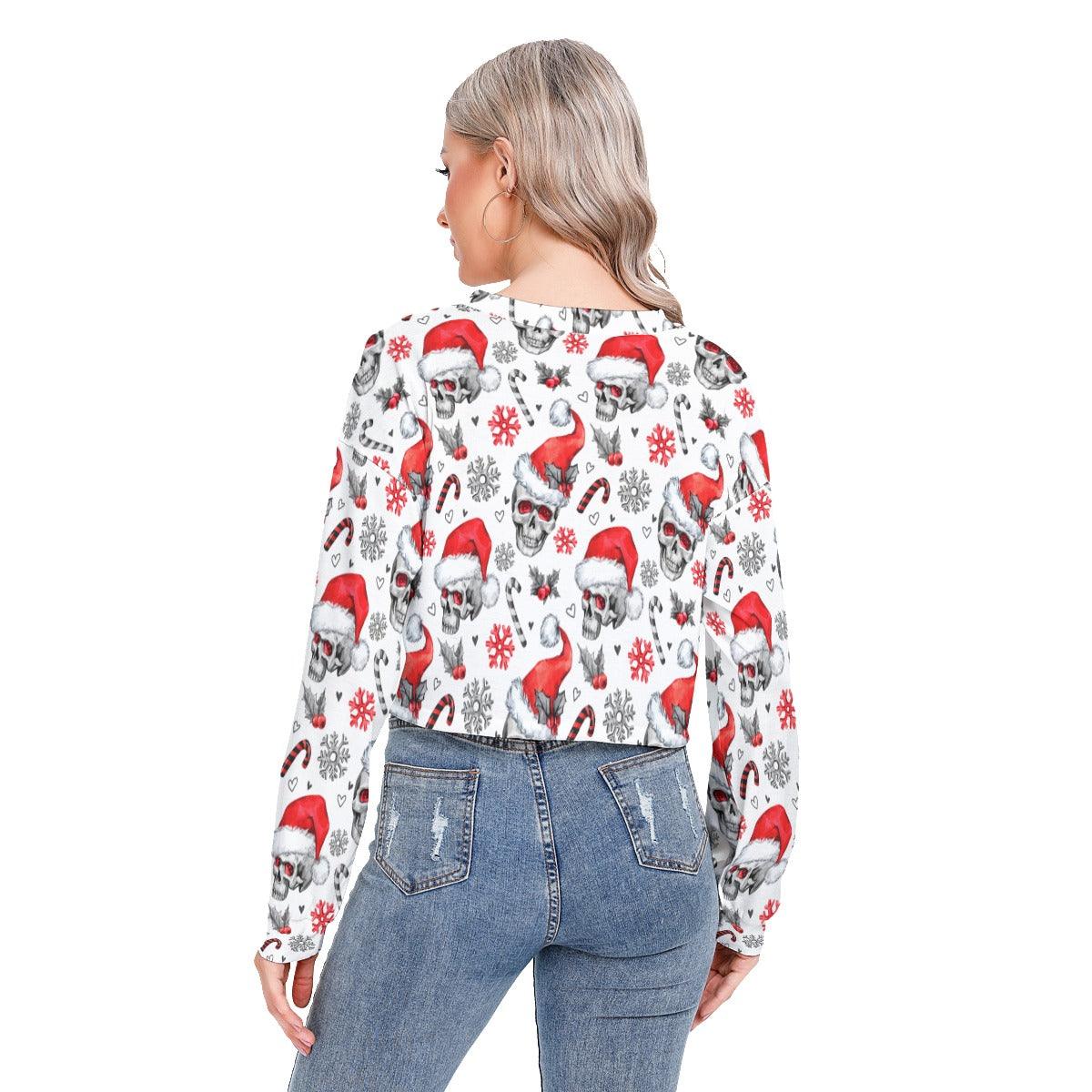 Skull Pattern Long Sleeve Sweatshirt With Hem Drawstring - Wonder Skull