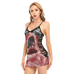 Hunting Wolves Artwork All-Over Print Women Black Lace Cami Dress, Sexy Sleevless Sleepwear For Women - Wonder Skull