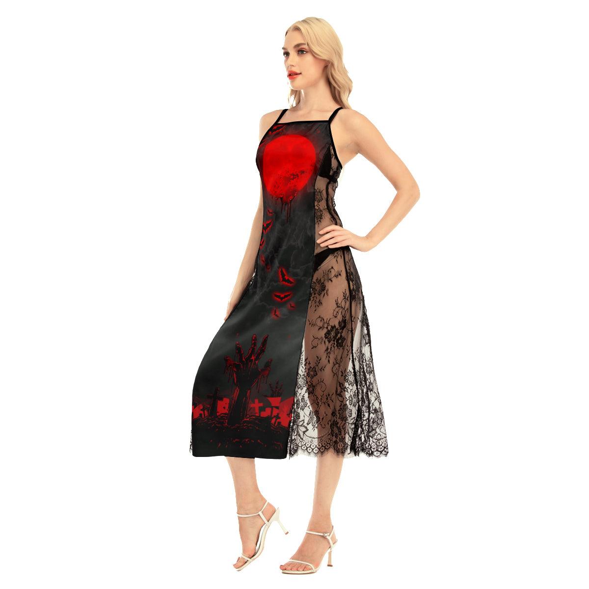 Bloody Straw Man All-Over Print Women Lace Cami Cross Back Dress - Wonder Skull