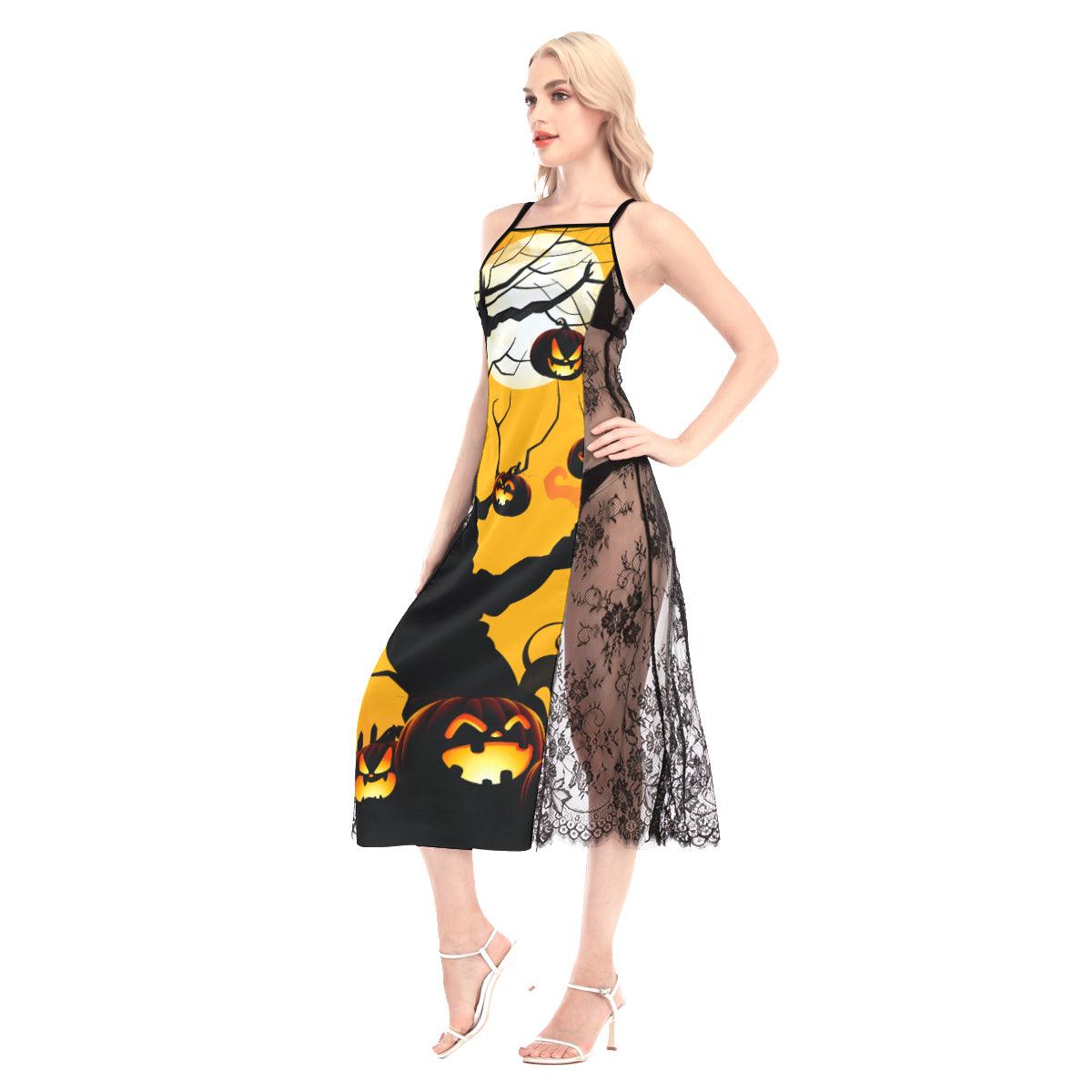 Halloween Night All-Over Print Women Lace Cami Cross Back Dress, Sexy Sleepwear - Wonder Skull