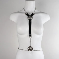 Punk Pentagram Faux Leather Harness Bra, Savage Body Cage Chest For Women - Wonder Skull