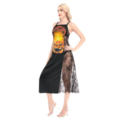 Halloween Pumpkin Tree Women Lace Cami Cross Back Dress, Sleepwear - Wonder Skull