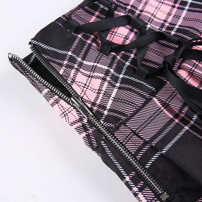 Gothic Pink Stripe Mini Skirt, Cute Black Plaid With Lace and String One Piece For Women - Wonder Skull