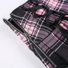 Gothic Pink Stripe Mini Skirt, Cute Black Plaid With Lace and String One Piece For Women - Wonder Skull