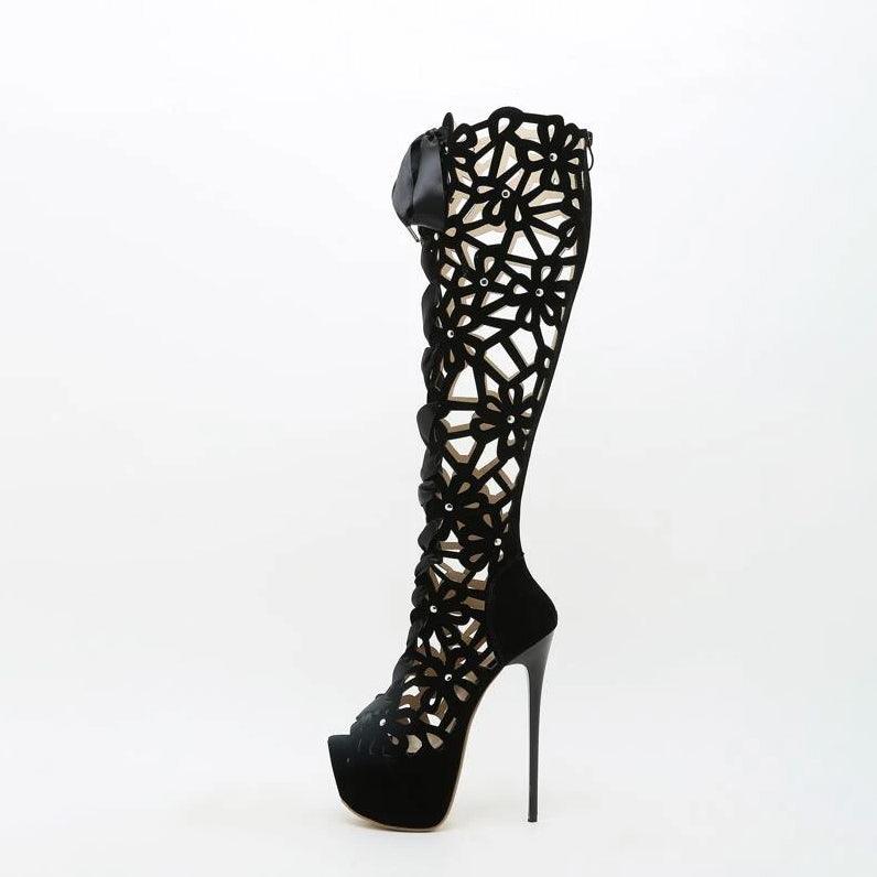 Classic High Heel Boots, Impressive Hollow Out Bow Decor - Wonder Skull