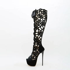 Classic High Heel Boots, Impressive Hollow Out Bow Decor - Wonder Skull