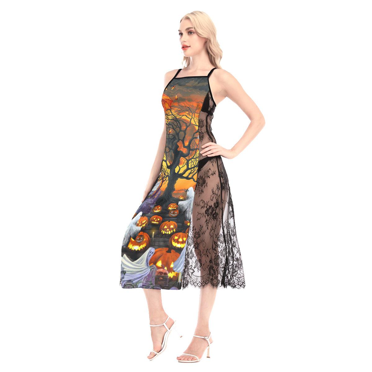 Halloween Boo Party All-Over Print Women Lace Cami Cross Back Dress, Gorgeous Nightgown - Wonder Skull