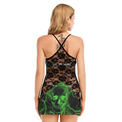 Green Thunder Skull Gothic All-Over Print Women Black Lace Cami Dress, Sexy Sleevless Sleepwear For Women - Wonder Skull