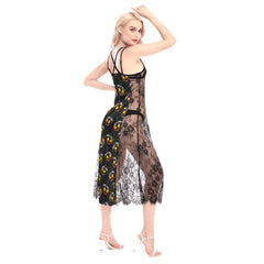 Black Skull Pumpkin All-Over Print Women Lace Cami Cross Back Dress - Wonder Skull