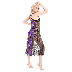 Halloween Purple Pattern All-Over Print Women Lace Cami Cross Back Dress - Wonder Skull