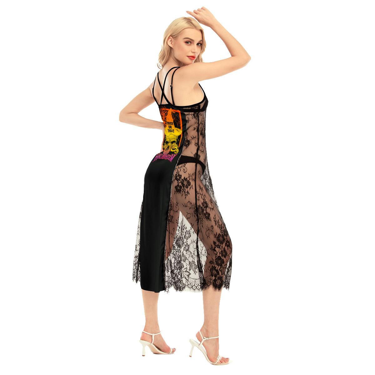 Trick Or Treat Skull All-Over Print Women Lace Cami Cross Back Dress - Wonder Skull