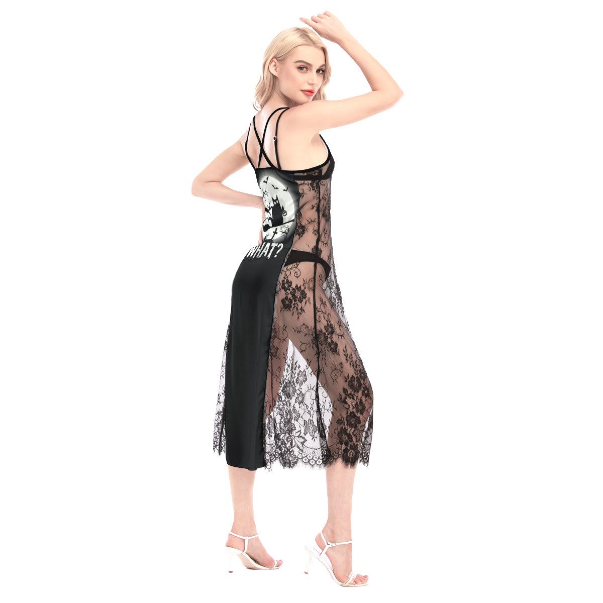 Cat What All-Over Print Women Lace Cami Cross Back Dress, Gorgeous Sleevless Sleepwear - Wonder Skull