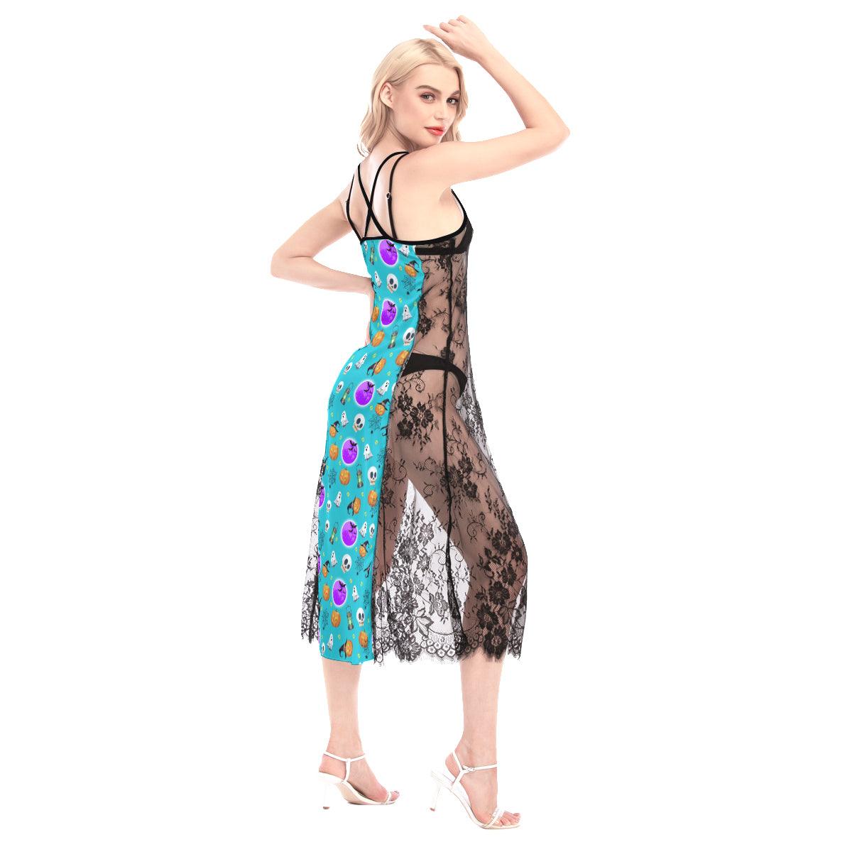 Skull & Boo Purple Pattern All-Over Print Women Lace Cami Cross Back Dress - Wonder Skull