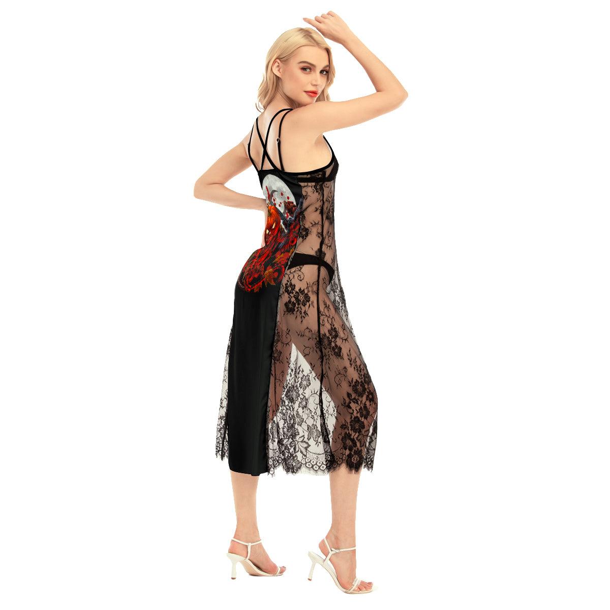 Halloween Artwork All-Over Print Women Lace Cami Cross Back Dress - Wonder Skull