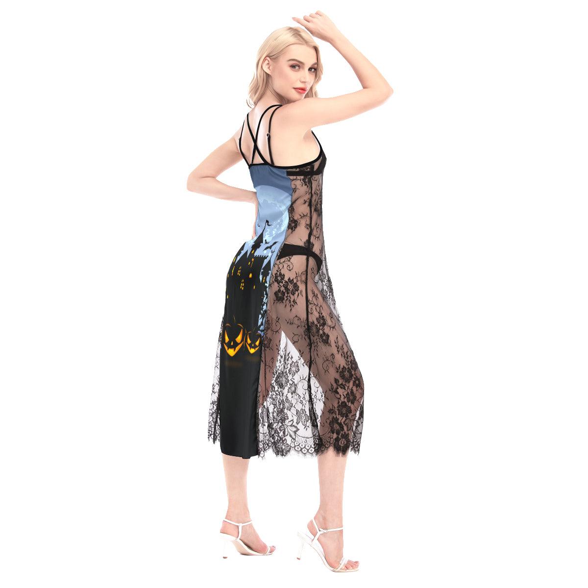 Halloween Night Pumpkin All-Over Print Women Lace Cami Cross Back Dress, Nightgown - Wonder Skull
