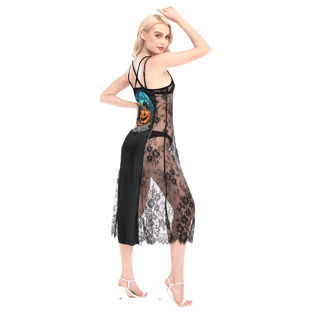 Pumpkin Spider All-Over Print Women Lace Cami Cross Back Dress - Wonder Skull