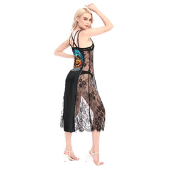 Pumpkin Spider All-Over Print Women Lace Cami Cross Back Dress - Wonder Skull