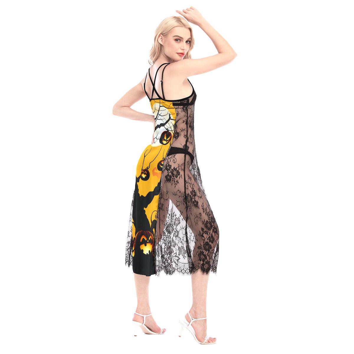 Halloween Night All-Over Print Women Lace Cami Cross Back Dress, Sexy Sleepwear - Wonder Skull