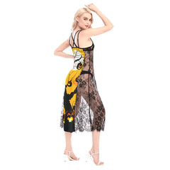 Halloween Night All-Over Print Women Lace Cami Cross Back Dress, Sexy Sleepwear - Wonder Skull