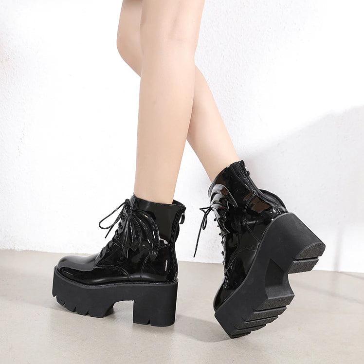 Goth Ankle Boots, Patent Leather High Heels Shoes For Women - Wonder Skull