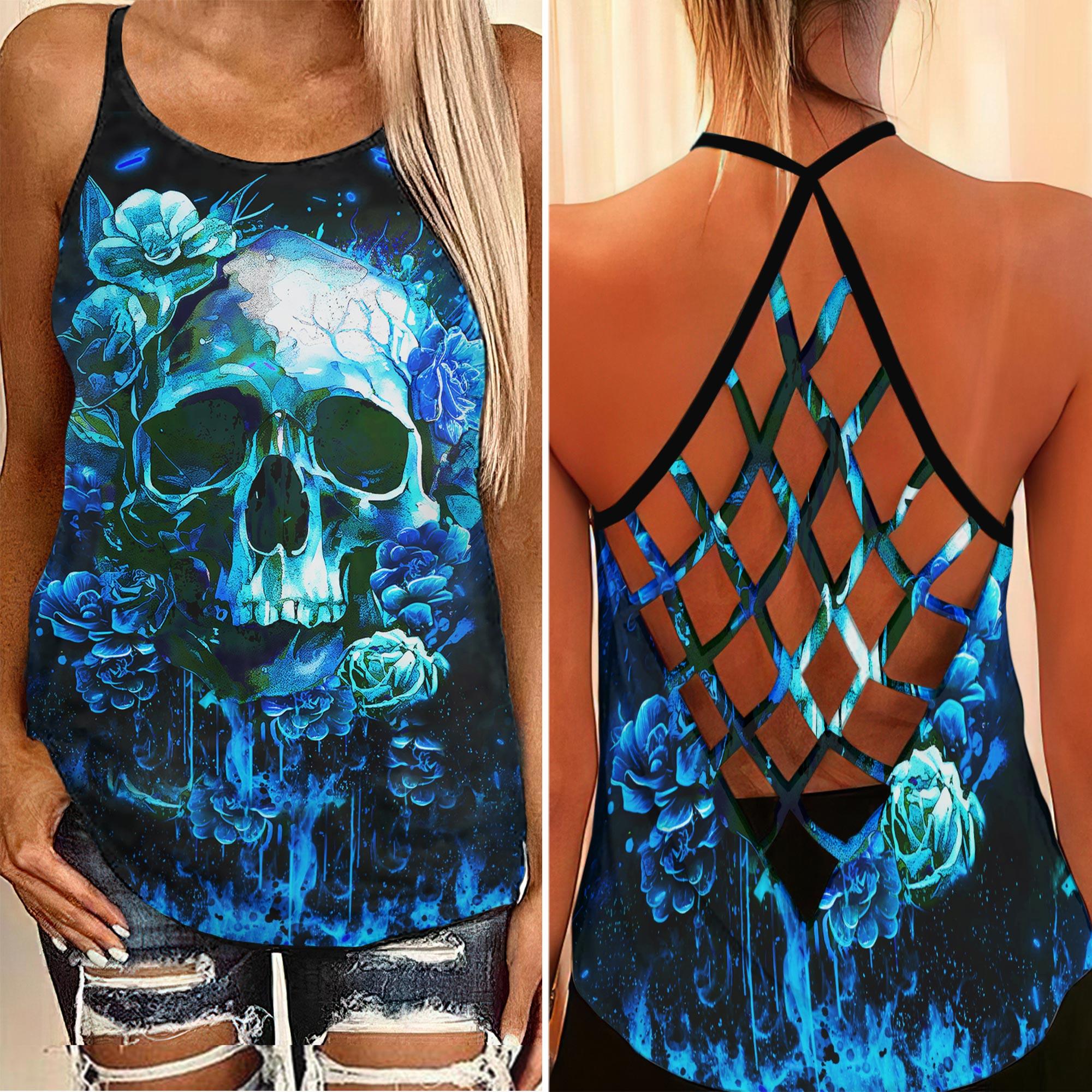 Ocean Skull Gothic Punk Style Criss-Cross Open Back Tank Top - Wonder Skull