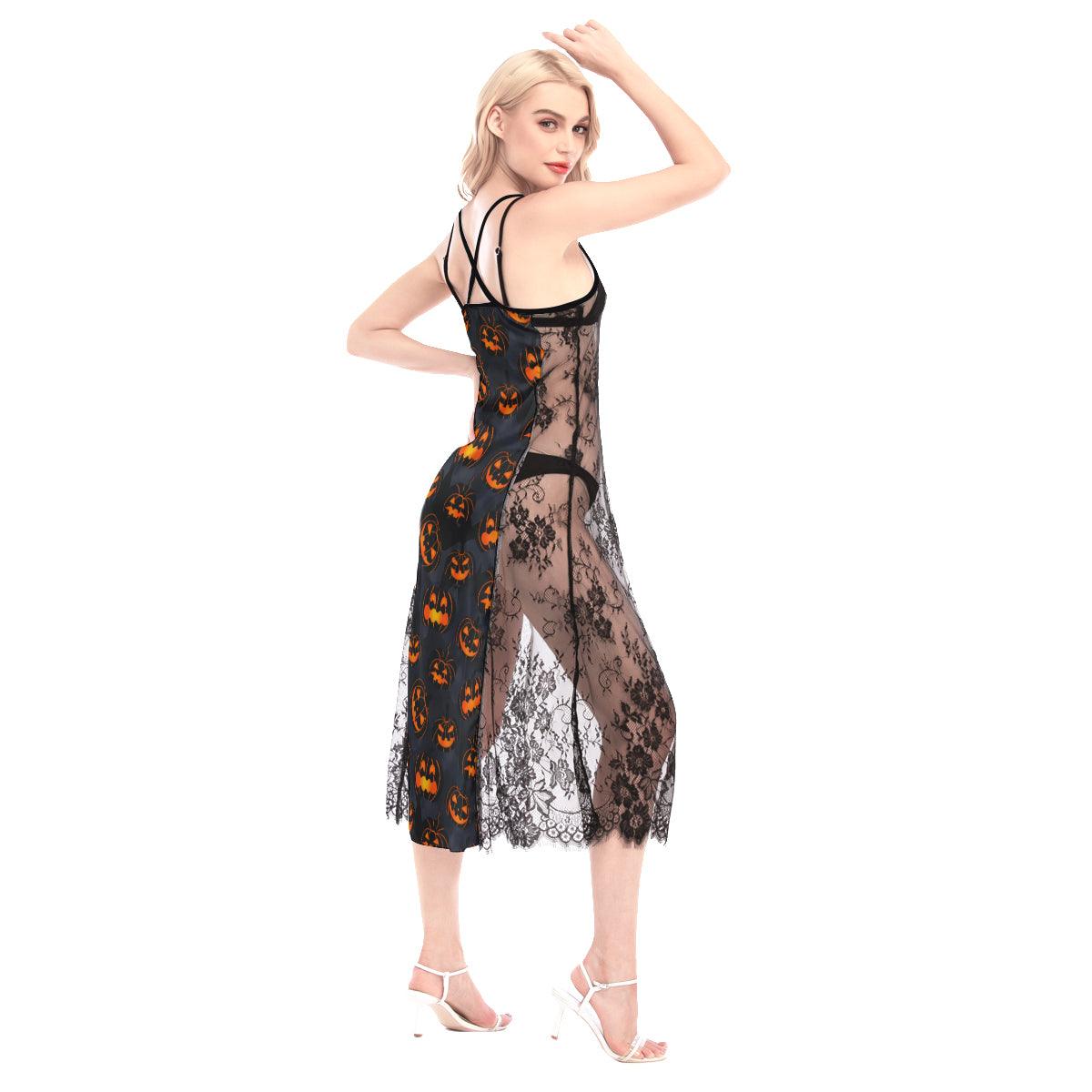 Halloween Pumpkin All-Over Print Women Lace Cami Cross Back Dress - Wonder Skull