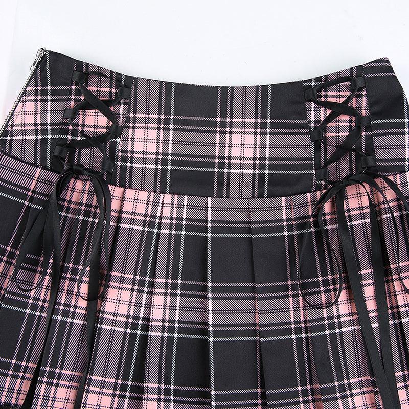 Gothic Pink Stripe Mini Skirt, Cute Black Plaid With Lace and String One Piece For Women - Wonder Skull