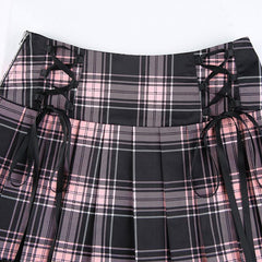 Gothic Pink Stripe Mini Skirt, Cute Black Plaid With Lace and String One Piece For Women - Wonder Skull