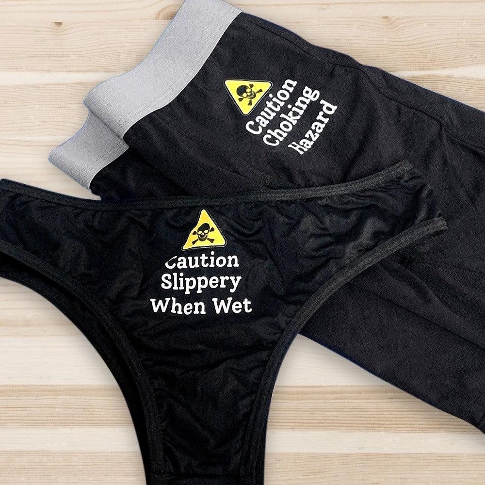 Matching Couples Underwear, Caution Slippery When Wet, Caution Choking  Hazard, His and Hers, Couples Gift (XL, Thong, Black)