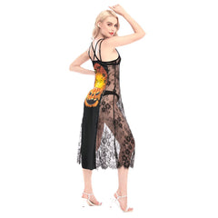 Halloween Pumpkin Tree Women Lace Cami Cross Back Dress, Sleepwear - Wonder Skull