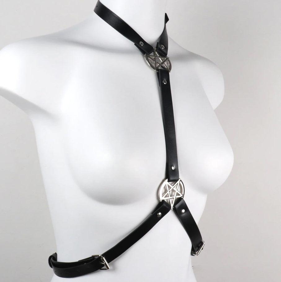 Punk Pentagram Faux Leather Harness Bra, Savage Body Cage Chest For Women - Wonder Skull