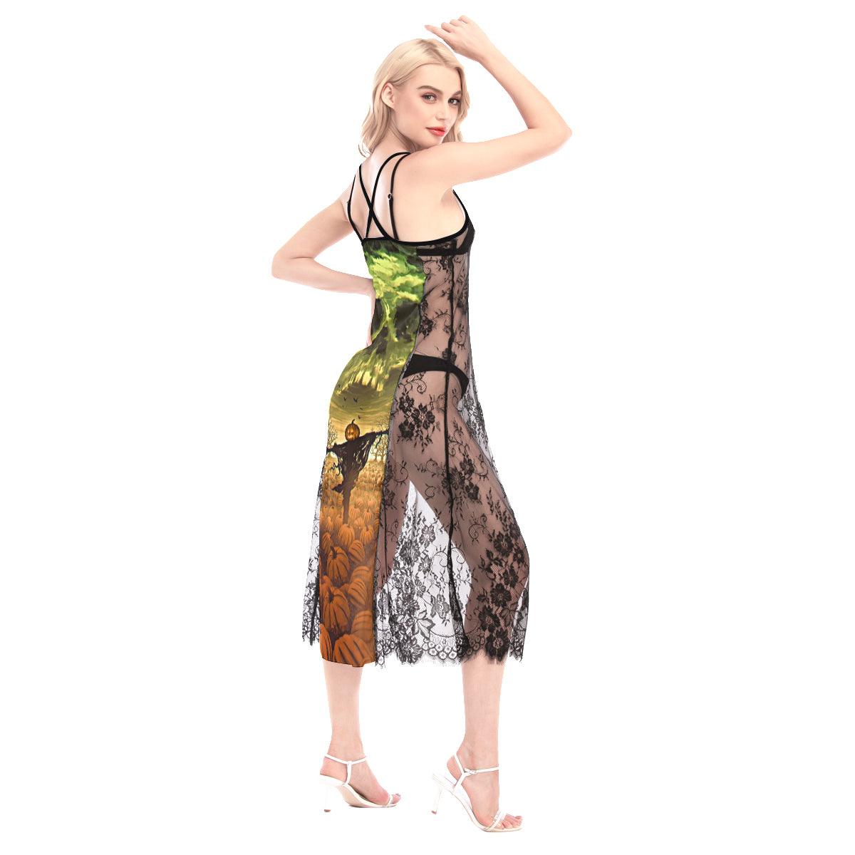 Halloween Scary Pumpkin Skull All-Over Print Women Lace Cami Cross Back Dress - Wonder Skull
