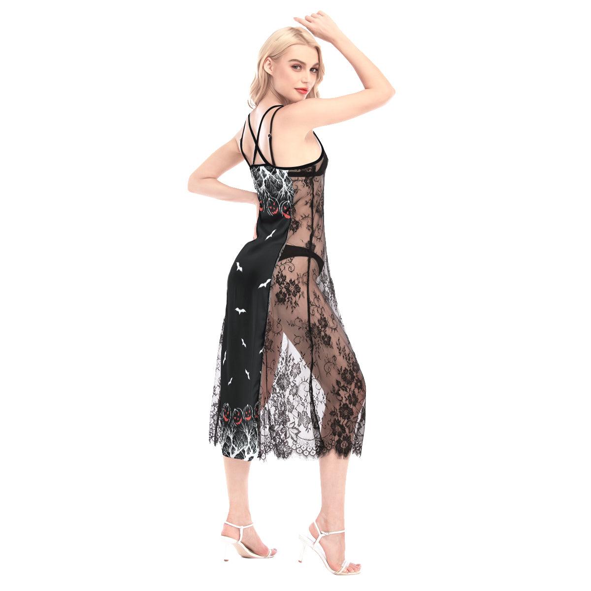 Halloween Red Black Pumpkin Tree Women Lace Cami Cross Back Dress - Wonder Skull