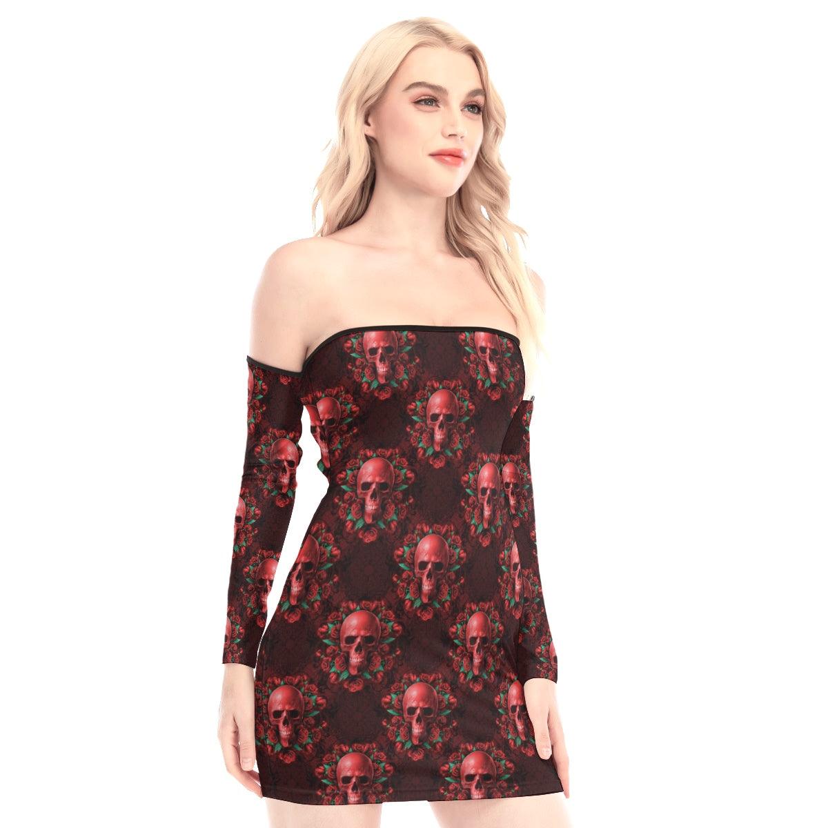 Skull Rose Pattern Off-shoulder Back Lace-up Dress - Wonder Skull
