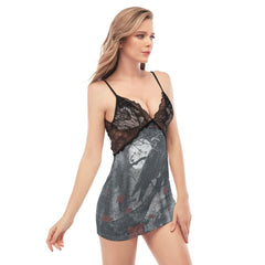 Raven Artwork Lace Chemise Nightgown, Sexy Night Dress - Wonder Skull