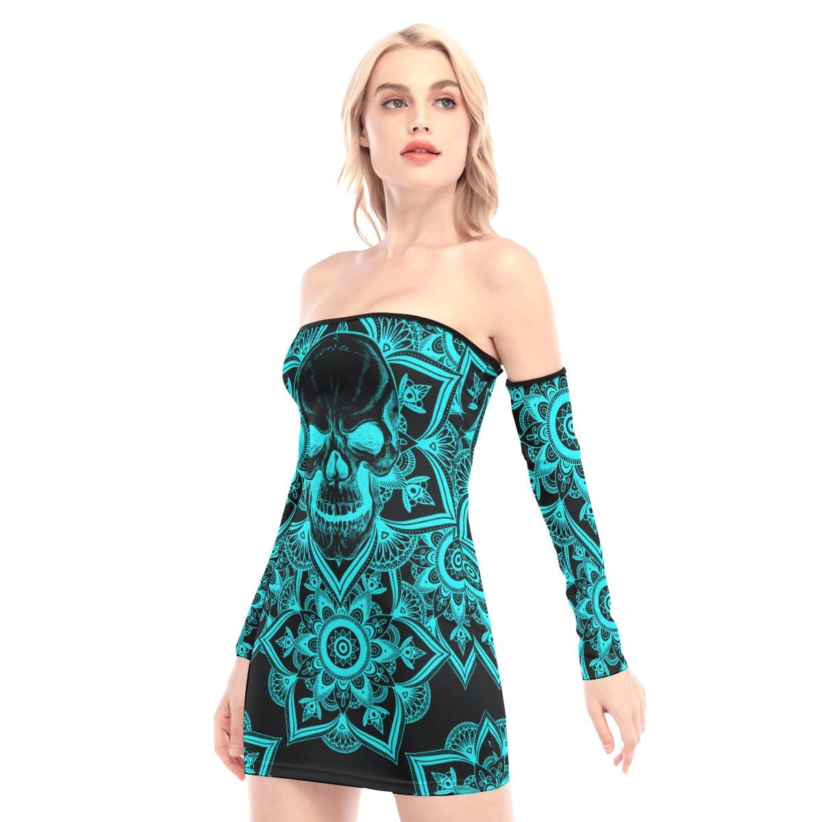 Turquoise Mandala Skull Off-shoulder Back Lace-up Dress - Wonder Skull
