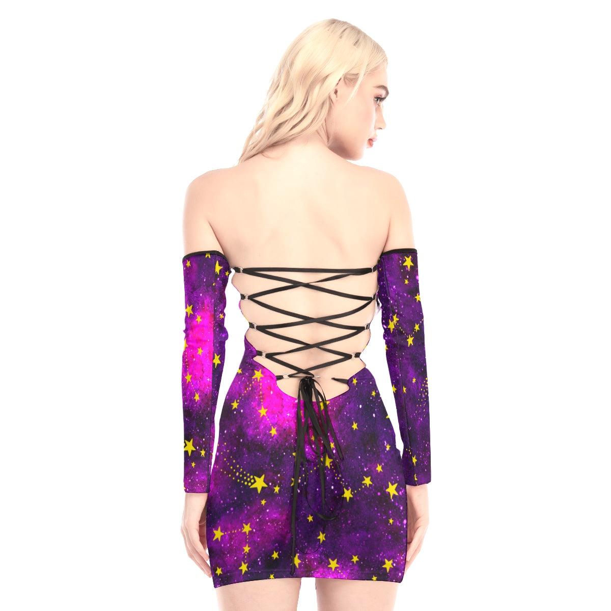 Galaxy Skull Off-shoulder Back Lace-up Dress - Wonder Skull