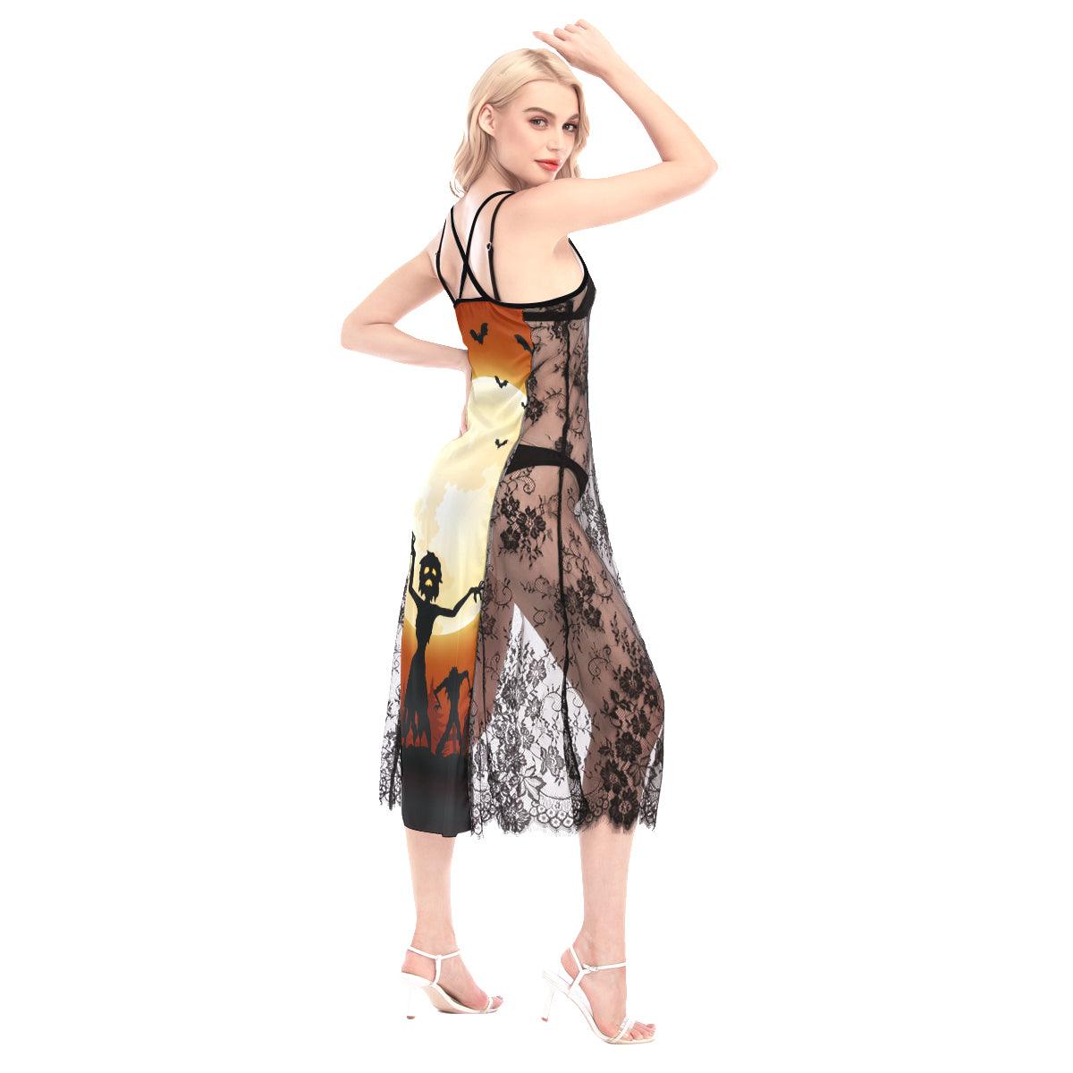 Halloween Zoombie Wake Up All-Over Print Women Lace Cami Cross Back Dress, Stunning Nightgown - Wonder Skull