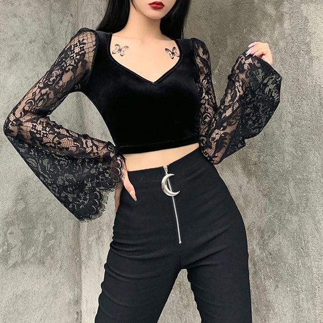 Witchy Gothic See Through Crop Top, Elegant Flared Long Sleeve For Women - Wonder Skull