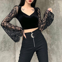 Witchy Gothic See Through Crop Top, Elegant Flared Long Sleeve For Women - Wonder Skull