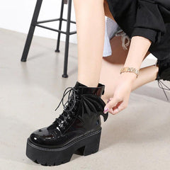 Goth Ankle Boots, Patent Leather High Heels Shoes For Women - Wonder Skull