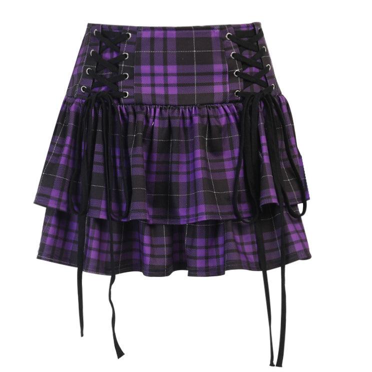 Gothic Double-Layer Short Skirt, Lace-up Eyelet Check Bottom Clothes For Women - Wonder Skull