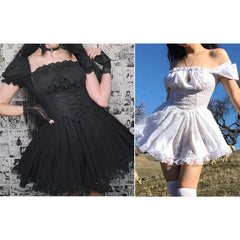 Multi Color Gothic Lace Puff Sleeve Dress, Cool Partywear For Women - Wonder Skull