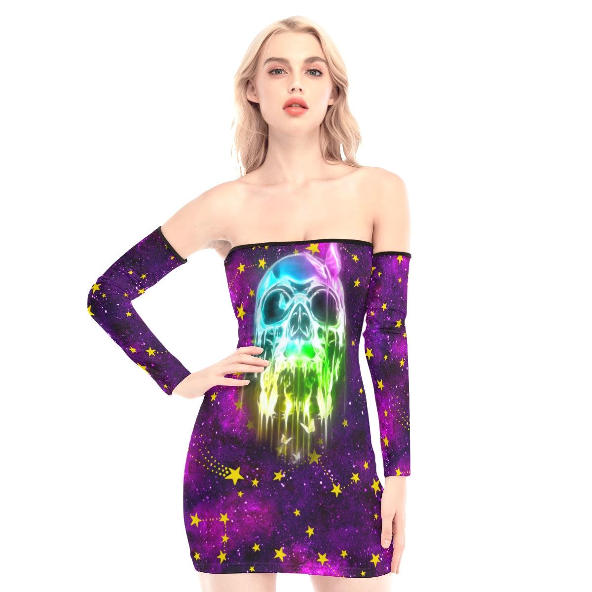 Galaxy Skull Off-shoulder Back Lace-up Dress - Wonder Skull